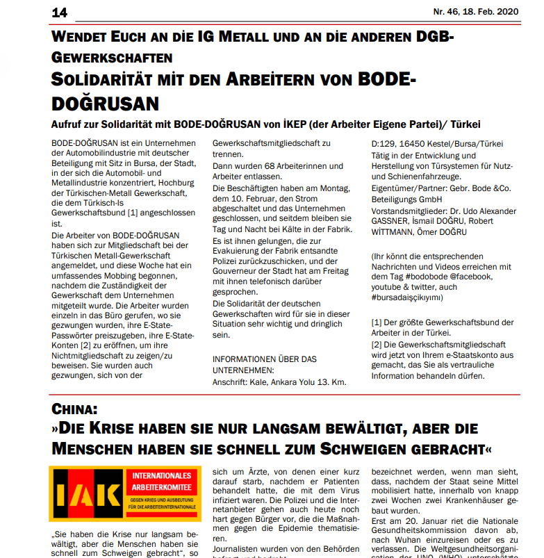 iscikardesligi's tweet photo. Alman-Türk ortaklığı olan Bodo Doğrusan fabrikasında sendikalaşma hakları için ve işlerine geri dönmek için mücadele eden #bodobode işçileri için yaptığımız uluslararası dayanışma çağrısı Almanya'da yayınlanan "İşçi Politikası için Özgür Platform" gazetesinde yayınlandı. https://t.co/IQiwL2foYg
