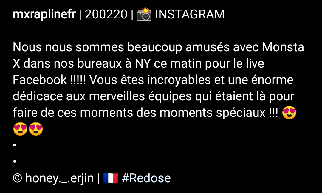 mxraplinefr's tweet photo. | 200220 | 📸 INSTAGRAM
Nous nous sommes beaucoup amusés avec Monsta X dans nos bureaux à NY ce matin pour le live Facebook !!!!! Vous êtes incroyables et une énorme dédicace aux merveilles équipes qui étaient là (+)
© honey._.erjin | 🇫🇷 #Redose https://t.co/Zdv83g9cvO