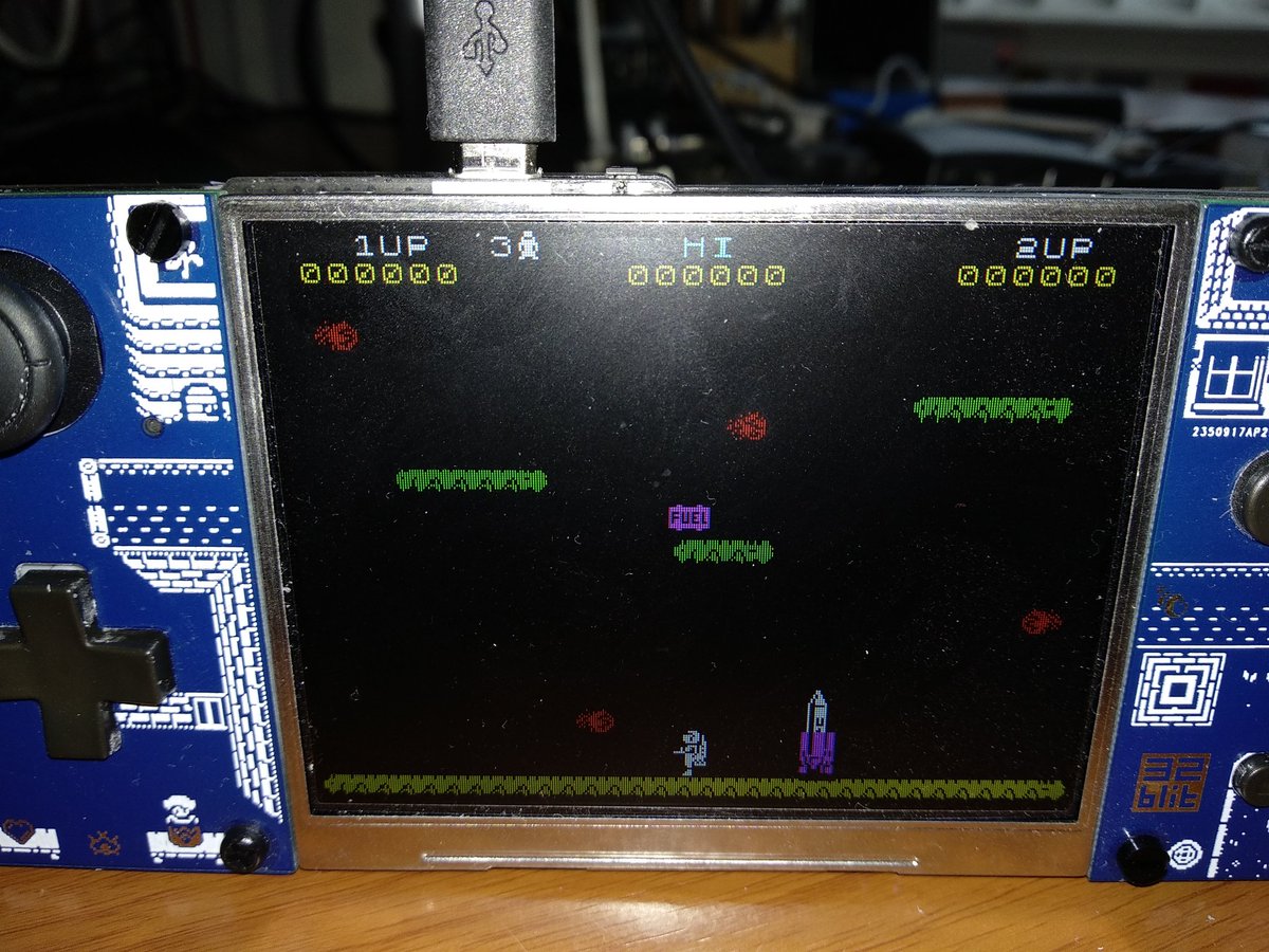 mikered's tweet photo. Good old Speccy JetPac on the #32blit gaming console - coded from scratch, not emulated @32blit https://t.co/RA1ceBjIQd