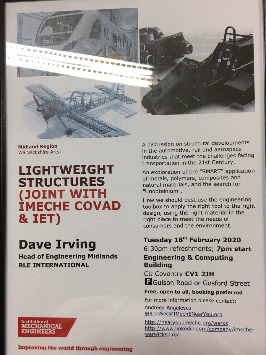 RLEgroup's tweet photo. David Irving - Head of Engineering, Midlands RLE UK, presented to around 50 members of the Institute of Mechanical Engineering on the subject of Lightweight Structures on Tuesday. 

#MaterialScience #RLEgroup #engineering #newmobility #education #uk #mobility #trends https://t.co/NEJ0k75K0p