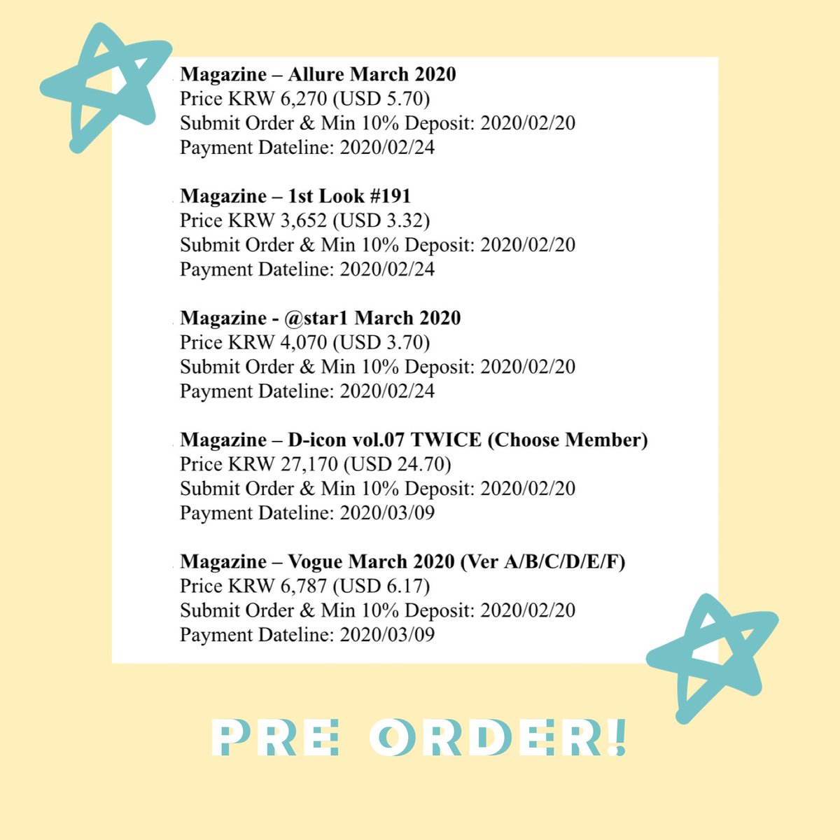 jdkoreacenter's tweet photo. PRE ORDER - MAGAZINES (MARCH ISSUE)
.
Please refer to the pic for more info.
.
#allurekorea #1stlookmagazine #atstar1magazine #twicedicon #voguekorea https://t.co/tmj6Isjf6e