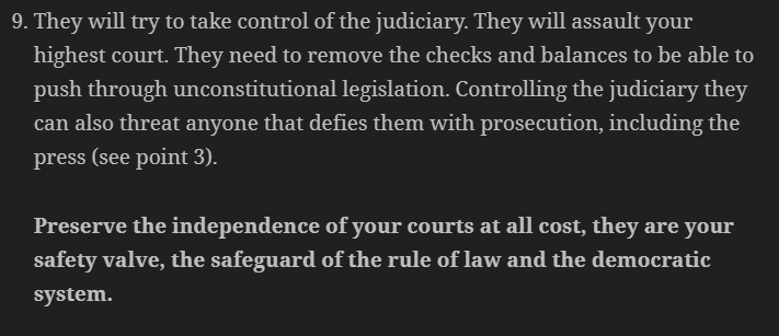 mycielski's tweet photo. Amidst the (hardly unexpected) news of Trump wishing to "get the judges sorted" &amp; "clean shop" at the Department of Justice, it is worth reminding pt 9 of my old "Authoritarianism Survival Guide".
@rdanielkelemen @CasMudde @Kasparov63 @davidfrum @FukuyamaFrancis 
#LearnFromEurope https://t.co/8KPeTw2gDl
