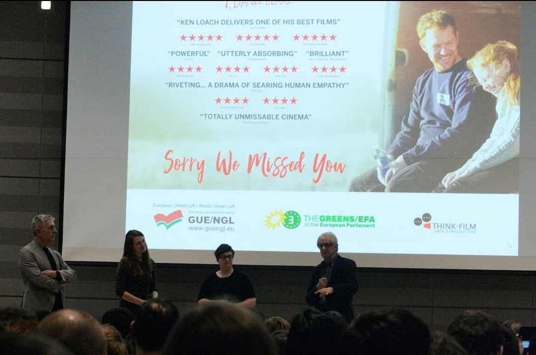 thinkfilmimpact's tweet photo. Thank you to everybody who came to our European Parliament screening and panel discussion of Ken Loach's powerful new film Sorry We Missed You. Ken's work continues to tackle the important issues head on, and we are grateful to Ken for his inspiring words! #SWMY  #WorkersRights https://t.co/6lMvtfmf6q