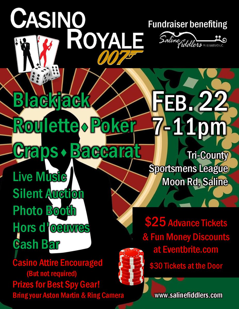 This Saturday! Games, live music, exciting silent auction, delicious food &amp; drinks, trivia and more–all seasoned with a James Bond theme. Casino Royale will be the most fun you can have in Saline this weekend! Eventbrite discounted tickets thru Friday, then tickets at the door.