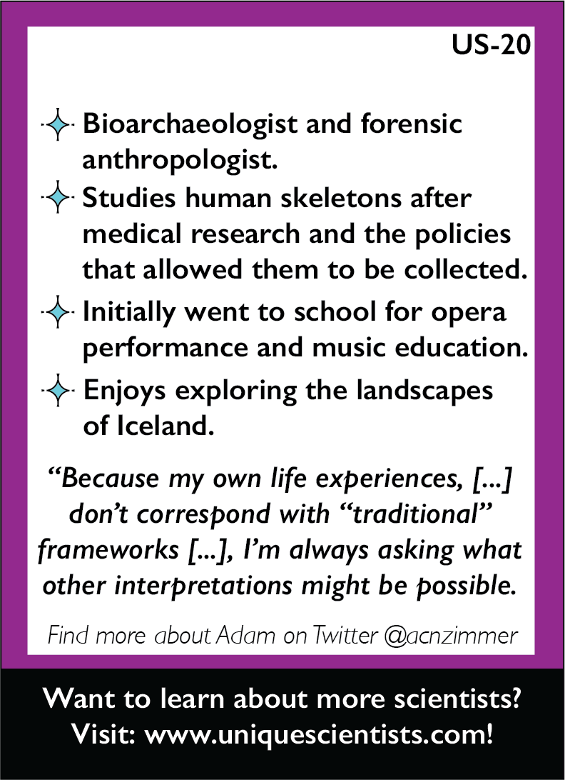 Friday is almost here so happy #UniqueTBT everyone! 🎉 Today let's look back at our July highlight, Adam Netzer Zimmer (@acnzimmer), a bioarcheologist and forensic anthropologist who loves singing! 🕵️‍♀️💀🎤 ✨Read more!: ow.ly/ZE5D50yrzOC✨ #QueerInSTEM #LGTBInSTEM