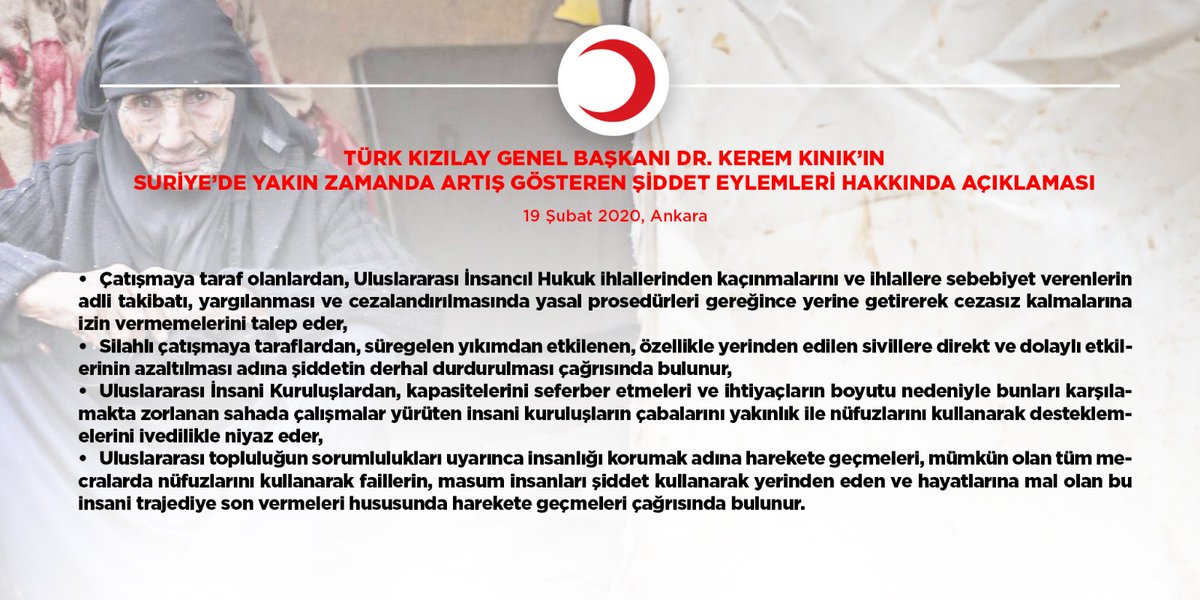 Kizilay's tweet photo. Genel Başkanımız Dr. Kerem Kınık'ın Suriye'de yakın zamanda artış gösteren şiddet eylemleri hakkında açıklaması https://t.co/UIJHq6o5Qh