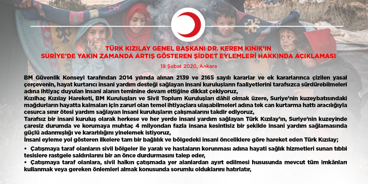 Kizilay's tweet photo. Genel Başkanımız Dr. Kerem Kınık'ın Suriye'de yakın zamanda artış gösteren şiddet eylemleri hakkında açıklaması https://t.co/UIJHq6o5Qh