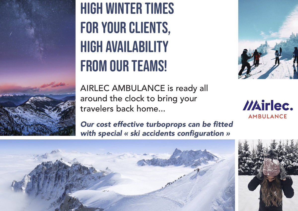 <a href="/AirlecAmbulance/">Airlec.Ambulance</a> is by your side during the entire winter season, wherever your clients are. Our cost effective turboprops can be fitted with special « ski accident configuration »