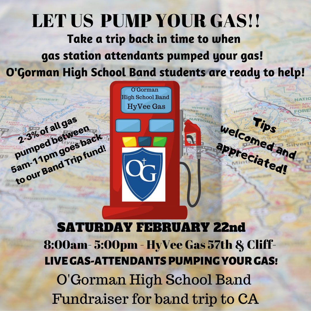 OGormanBand's tweet photo. 2 great ways to support OG Band in the next few days! Stop by Hy-Vee on Saturday for some old-time full service filling, and then join us on Monday for entertaining music and delicious refreshments! https://t.co/v6641aWIEU