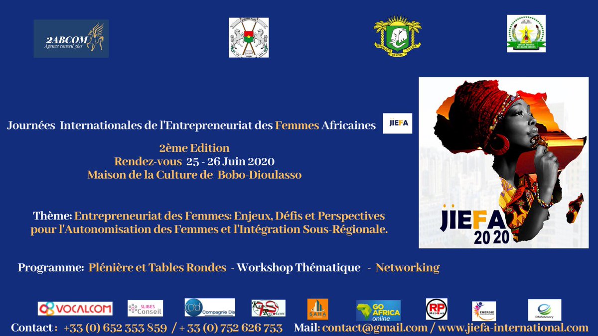 C2abcom's tweet photo. Développement durable inclusif, participatif et solidaire en Afrique, nous vous donnons rendez-vous les 25-26 juin 2020 à Bobo-Dioulasso pour la 2ème édition des Journées Internationales de l’Entrepreneuriat des Femmes Africaines (JIEFA). #femmes 
#investissement #développement https://t.co/S1ziDepd1w
