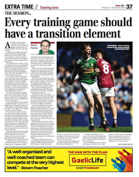 Gaelic_Life's tweet photo. #InTheGL Steven Poacher explains why transition must be taught at every session - and he also highlights one footballing fault found often in young players - Another #MustReadGL column from @Stevie_Poacher - Buy the digital edition now - https://t.co/gt9SarfLlG https://t.co/f0vbLmDssr