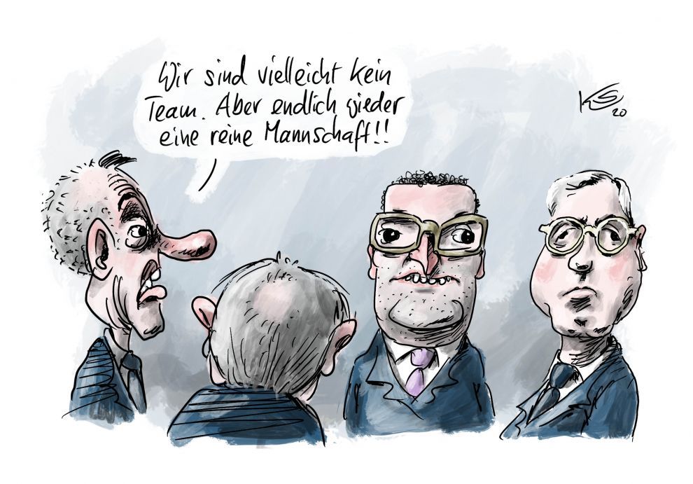 Die Frauen haben sich die letzten Jahre in der #CDU austoben können.
Sind jetzt die Männer mal dran..? 😁 

(c) Klaus Stuttmann stuttmann-karikaturen.de
_______________________________________________
#Merz #Spahn #Laschet #Roettgen #AKK