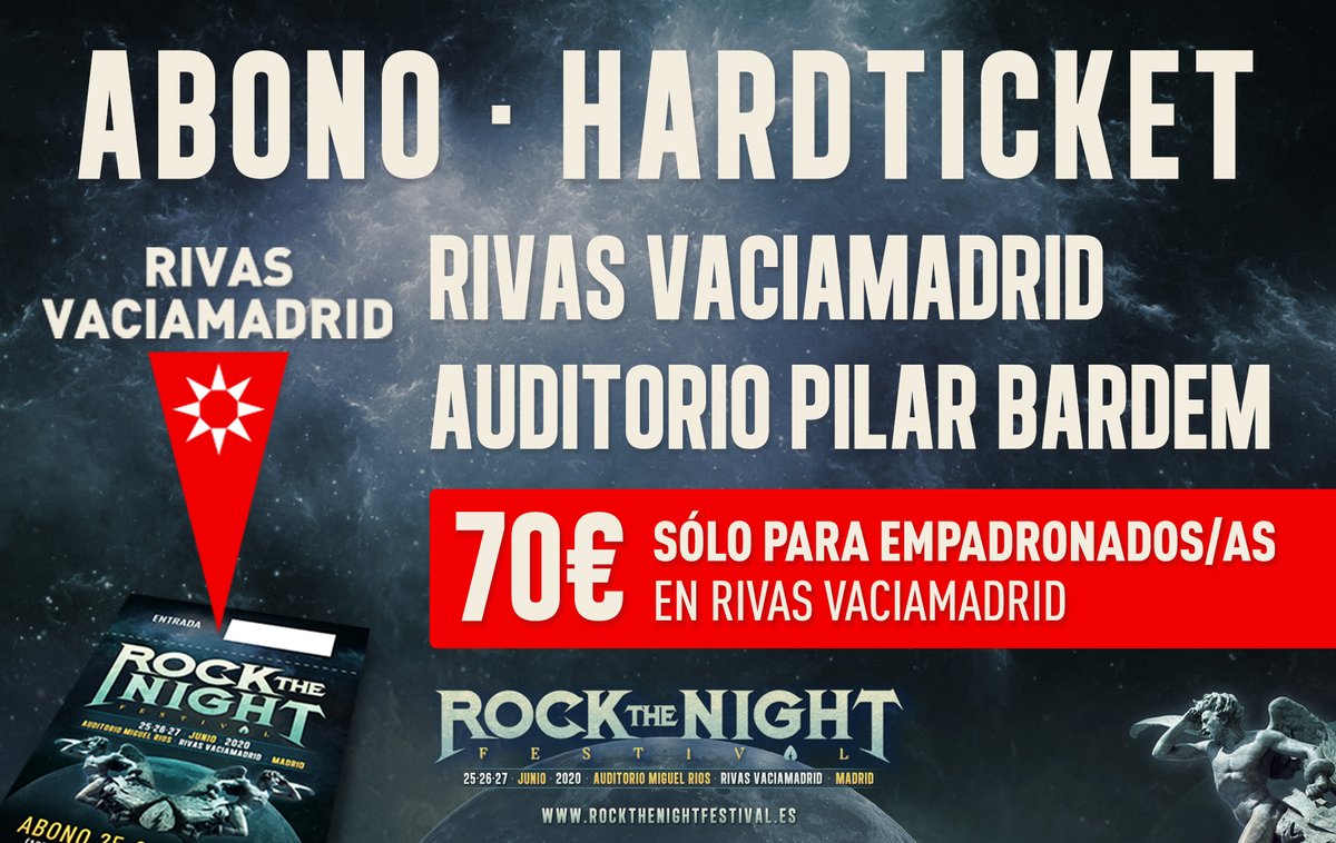 Desde hoy 20 de febrero de 2020, y en colaboración con el <a href="/RivasAlDia/">Festyk</a>, los empadronados en Rivas Vaciamadrid tienen la oportunidad de conseguir abonos para Rock The Night Festival 2020 a un precio especial.

Más info:
👉 rockthenightfestival.es