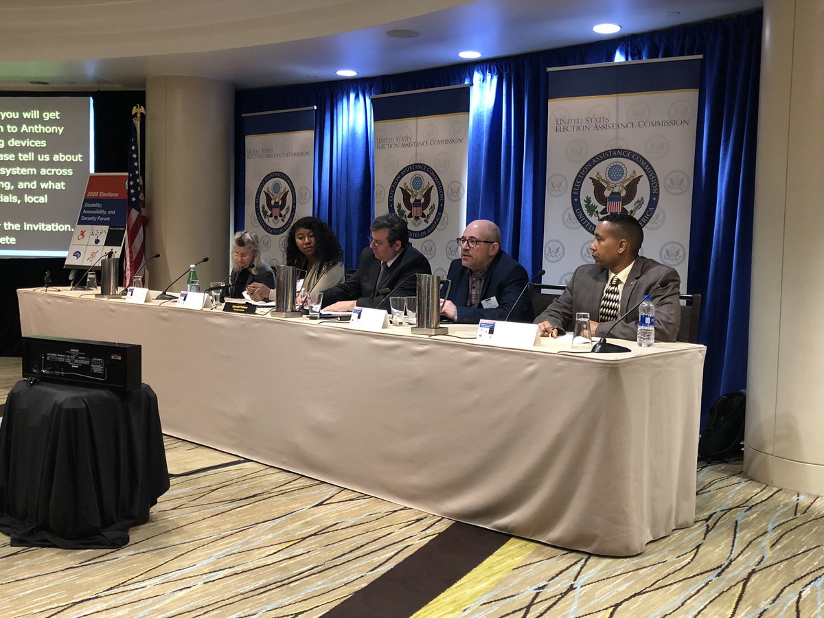 Panelists at the EAC Accessibility and Security Forum. L to R: LouAnn Blake, Gems Howell, EAC Commissioner Don Palmer, Anthony Albence, and Juan Gilbert