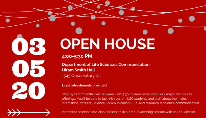 UW_LSC's tweet photo. On 3/5 from 4-5:30p LSC will be hosting an open house for prospective students to learn more about our major and course work! Come enjoy some snacks, talk with current students and faculty, and hear about #scicomm opportunities at @UWMadison and beyond. https://t.co/axeLLHhKng
