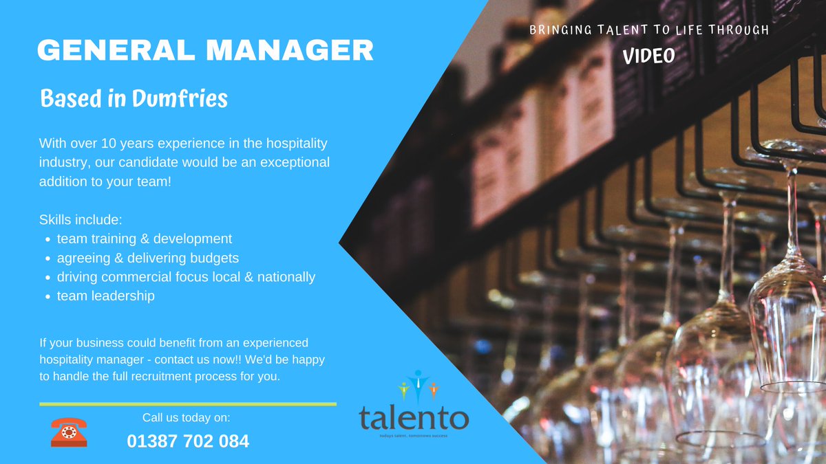 TalentoGroup_'s tweet photo. Are you looking for a General Manager in the hospitality sector? 

Talento Group have a candidate waiting for you!

Candidate is based in Dumfries and has over 10 years experience in hospitality (bars/clubs).

Interested? Call us now. https://t.co/zkTv4Mj7B2