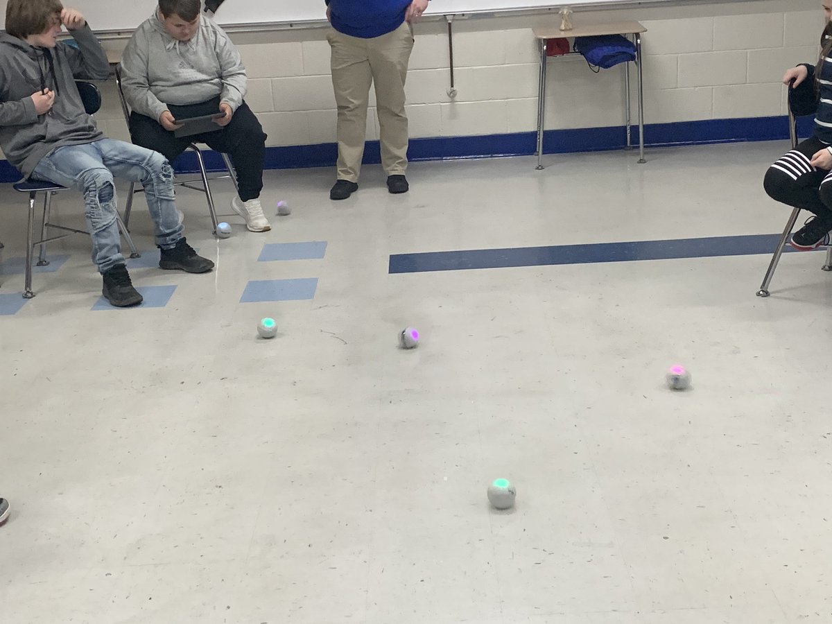 Miss_Garber's tweet photo. A really fun time with sphero bolts! Used time and distance traveled to make ordered pairs. Mrs Flynn and I appreciate @MrMichel_TIC for helping and teaching us how to get started the kids had fun and can’t wait to have you back #8thgrademath #funwithtechnology #scatterplots https://t.co/d5xGBdLBc8