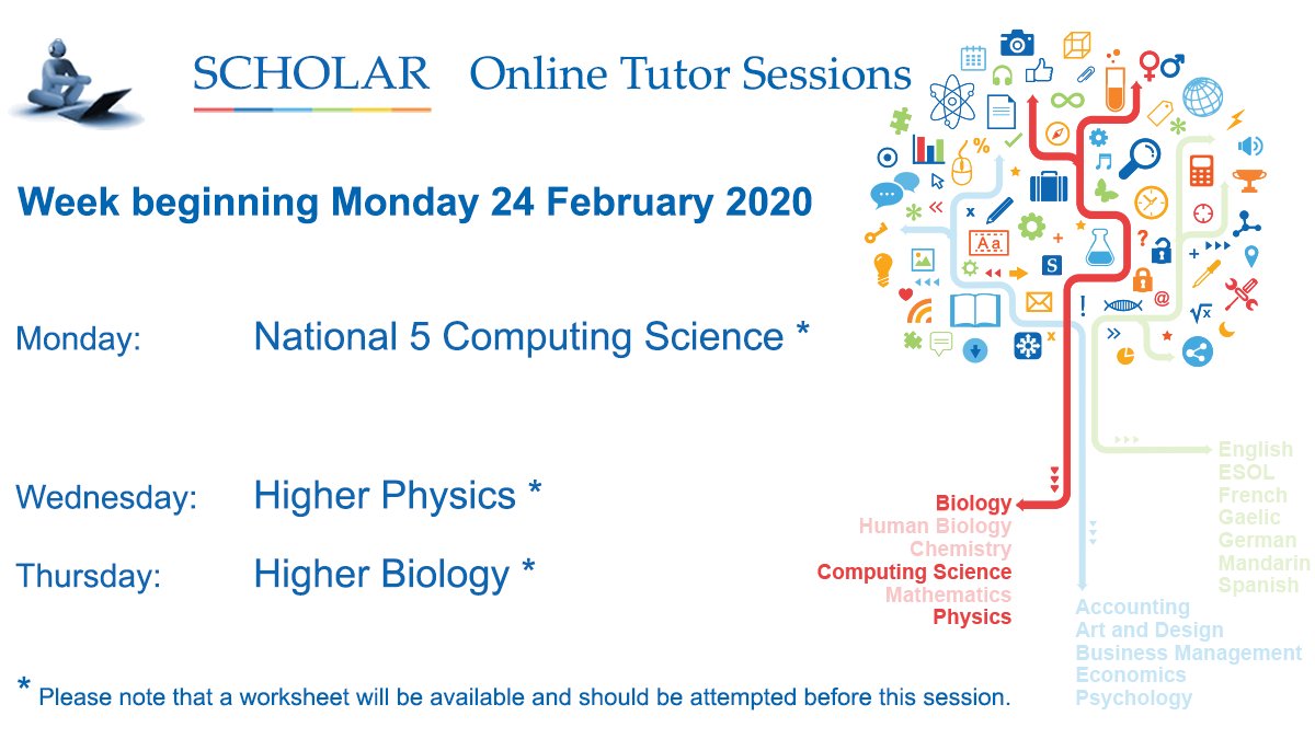 ScholarUK's tweet image. Our upcoming Online Tutor Sessions are National 5 Computing, Higher Physics and Higher Biology
scholar.hw.ac.uk/sessionsSchedu…
Regular updates also on Facebook: SCHOLARprogramme
#National5Computing #HigherPhysics #HigherBiology #revision #examprep