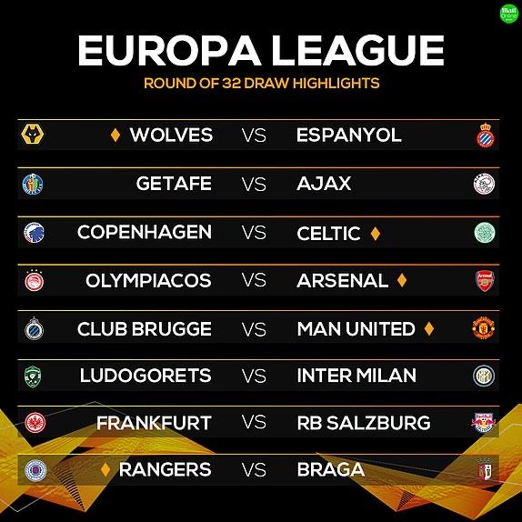 UEFA EUROPA LEAGUE #UELdraw
17:55 - Club Brugge vs Man Utd & FC Copenhagen vs Celtic
20:00 - Olympiakos vs Arsenal & Rangers vs Braga