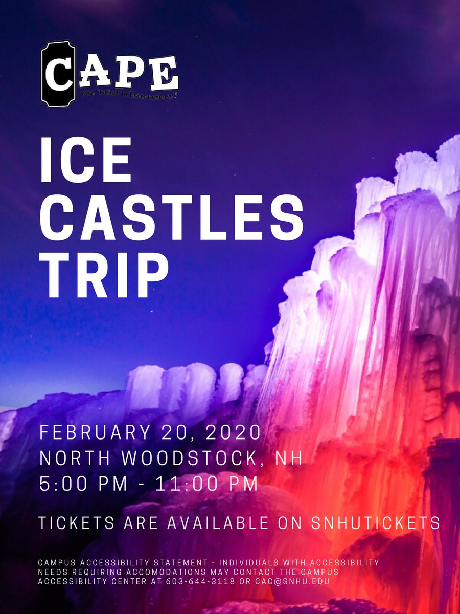 CAPE is headed to the Ice Castles tonight! If you are going on the trip, make sure you are in the Student Center Lobby by 5pm!