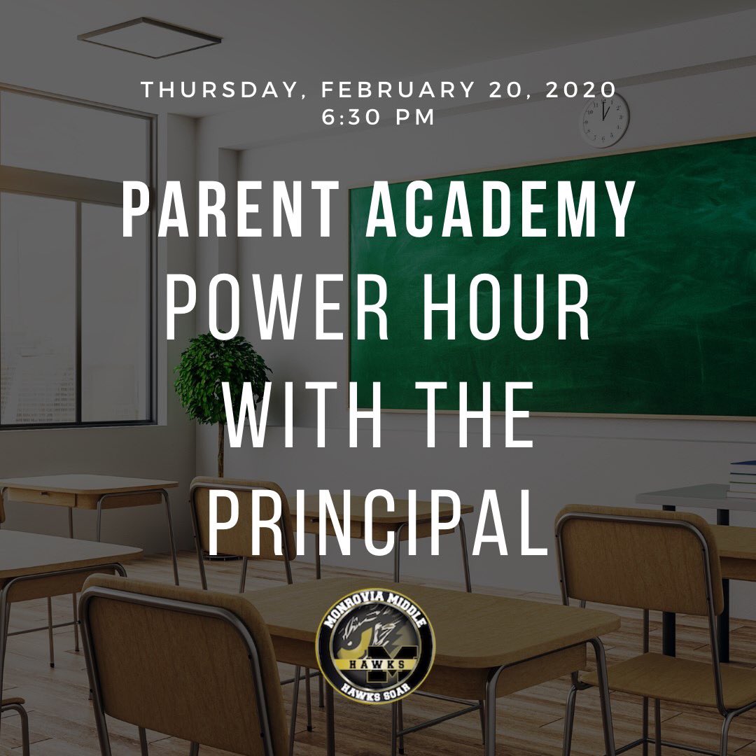 MMSPTO4U's tweet photo. Join us 𝐓𝐎𝐍𝐈𝐆𝐇𝐓 at 6:30 PM for the MMS Parent Academy Power Hour with Principal Dr. Travis Schrmisher @monroviahawks @SchrimsherTrav https://t.co/6x8wWkaxmV