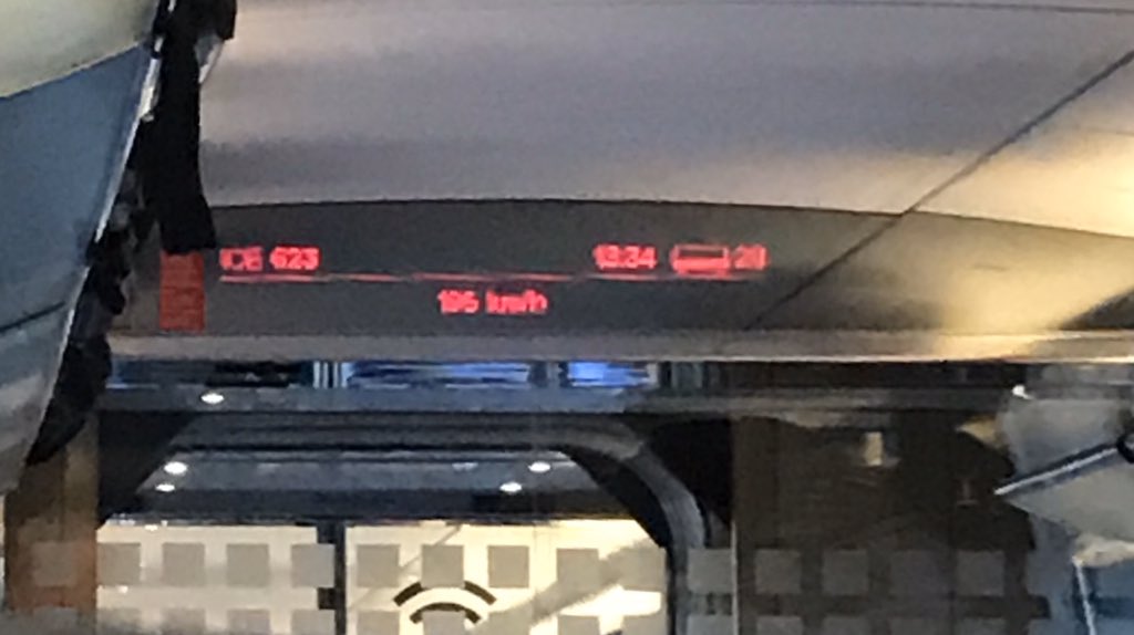 We’re not going too fast at the moment, 196km/h according to the little info display in the carriage (124mph) - that’s about as fast as a UK intercity train’s too speed. The ICE travels on a mix of high-speed tracks and slower lines so it’s not always going flat-out