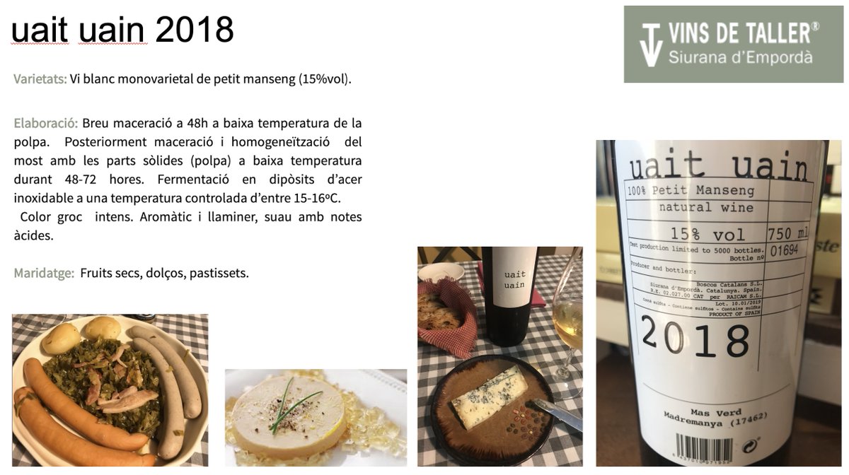 alacartemenus's tweet photo. Hoy en clase no toca hablar de la variedad #PetitManseng, pero me gusta compatir con mis alumn@s los vinos que me sorprenden, y dedicaré un momento a explicarles lo delicioso que me ha parecido Uait Uain 2018 de @VinsdeTaller #UaitUain #CellerVerd #VinsdeTaller #Madremanya https://t.co/R4tOHvFNGA
