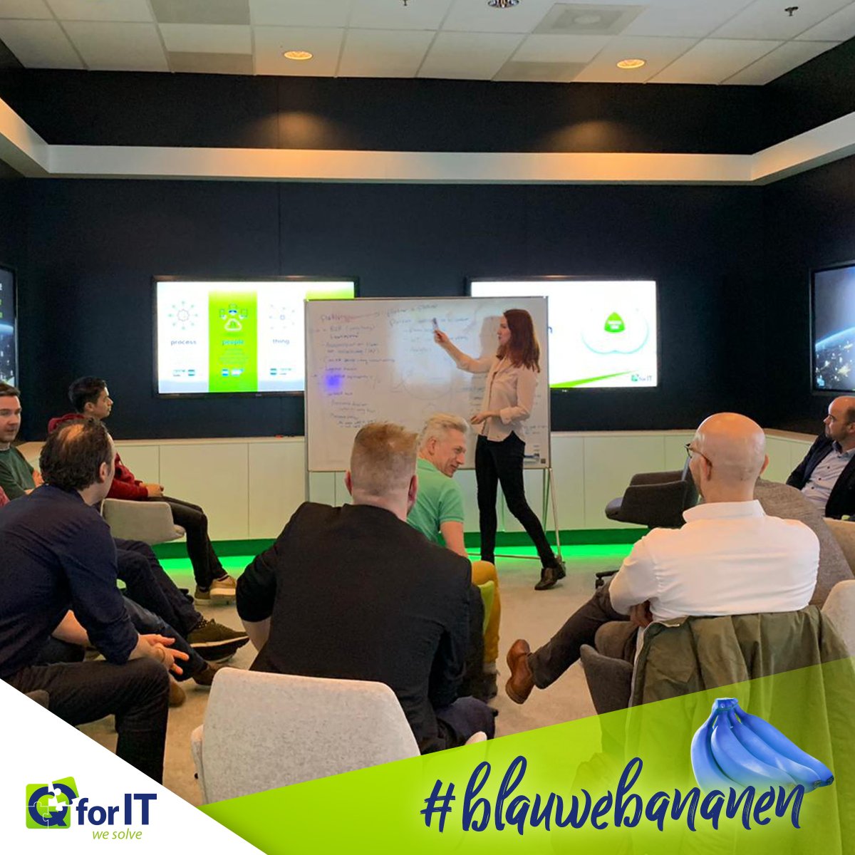 QforIT_NL's tweet photo. Onder leiding van Kees Lagerweij hebben we een inspirerende Identity sessie georganiseerd in het SAP Experience Center in. Door het kritisch onder de loep nemen van onze 4 B’s zijn wij erachter gekomen wat onze blauwe bananen zijn en wat ons  echt uniek maakt. #sap #topteam https://t.co/VFmMgXDSuR