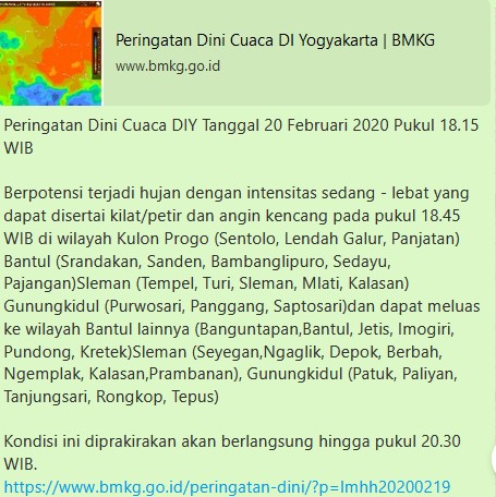 Peringatan Dini Cuaca Wilayah D.I. Yogyakarta Tanggal 20 Februari 2020,  Pukul 18.15 WIB  #InfoCuacaJogja #BMKGDIY Cc: <a href="/SAR_NASIONAL/">@SAR_NASIONAL</a> <a href="/BNPB_Indonesia/">BNPB Indonesia</a> <a href="/poskopmidiy/">POSKO PMI DIY</a>