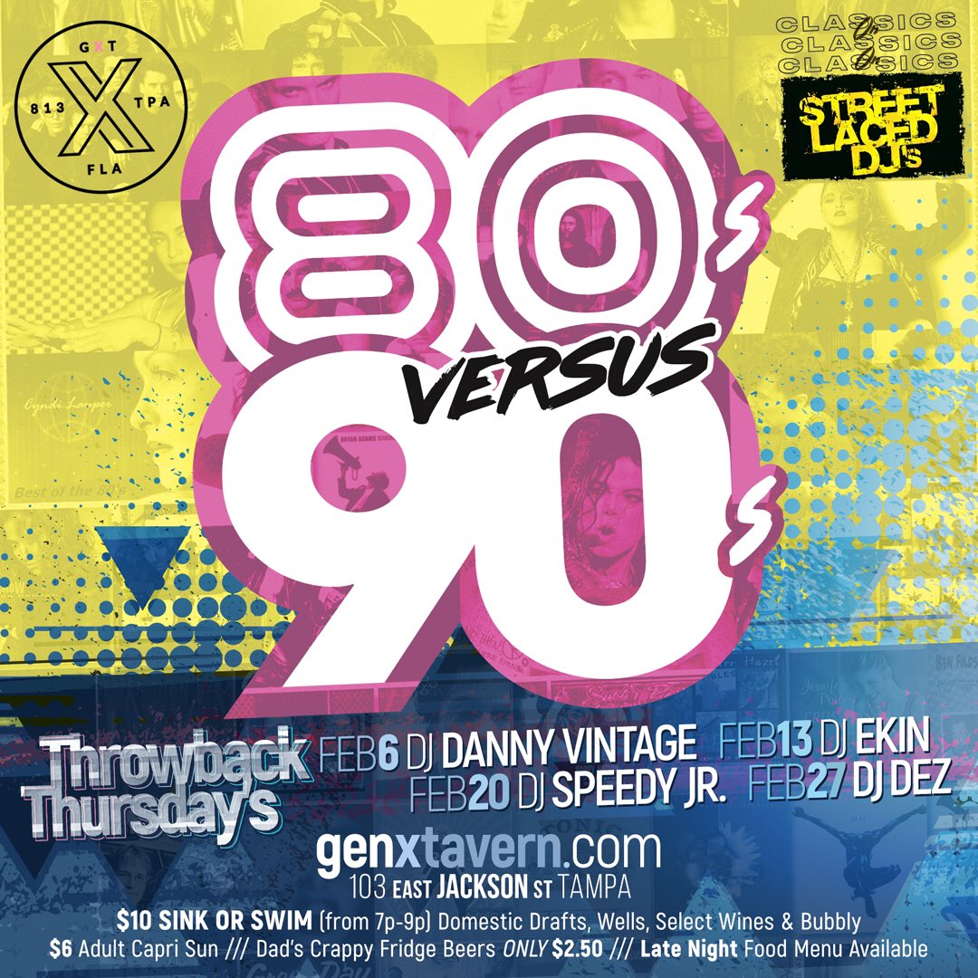 StreetLacedDJs's tweet photo. #StreetLacedDJs return to take over @TampasDowntown TONIGHT at #GenXTavern!
🎧 80s’s vs. 90’s 🎧
We’ve got the one & only @djspeedyjr on the decks!
$6 Adult Capri Sun’s!
$2.50 Dads Crappy Beer Fridge🍺’s!
Late Night Grub!
@CityofTampa @tbtnewspaper
@TheIdentityTB @cl_tampabay https://t.co/QB0NNsso7X