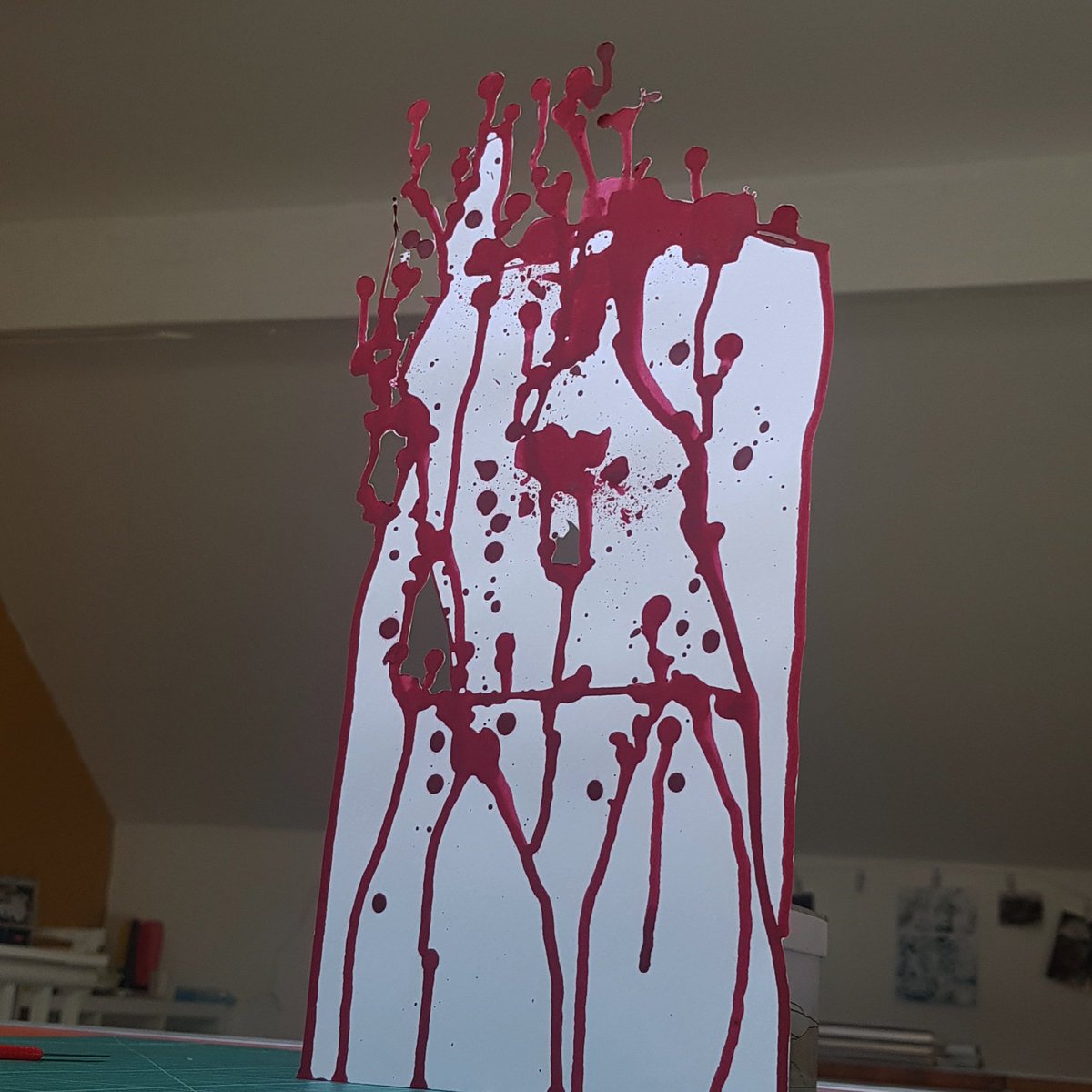 FiveFootStories's tweet photo. "When the uncertainties and unknowns explode in your face, and you detach yourself...retain some valid control. Calm descends & you get on with making the most of the rest." #cutout #standup #roguecell #lymphnodes #drippainting #leedsalumni #ontheotherside #itsscary, @LeedsAHWN https://t.co/4KOrPeZ7lr