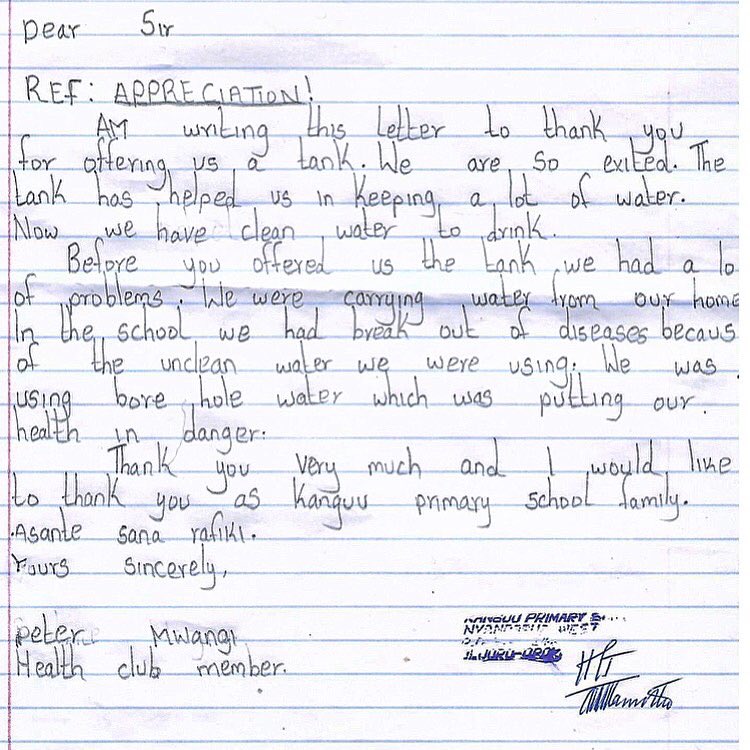 Children at Kanguu Primary School show off their new water tank, purchased with charitable donations from <a href="/reidcoolsaet/">Reid Coolsaet</a> and his <a href="/towaterfront42k/">TCS Toronto Waterfront Marathon</a> supporters. Check out this letter to Reid from a student at the school. 😍 

Thank you Reid for making a difference to so many. ❤️