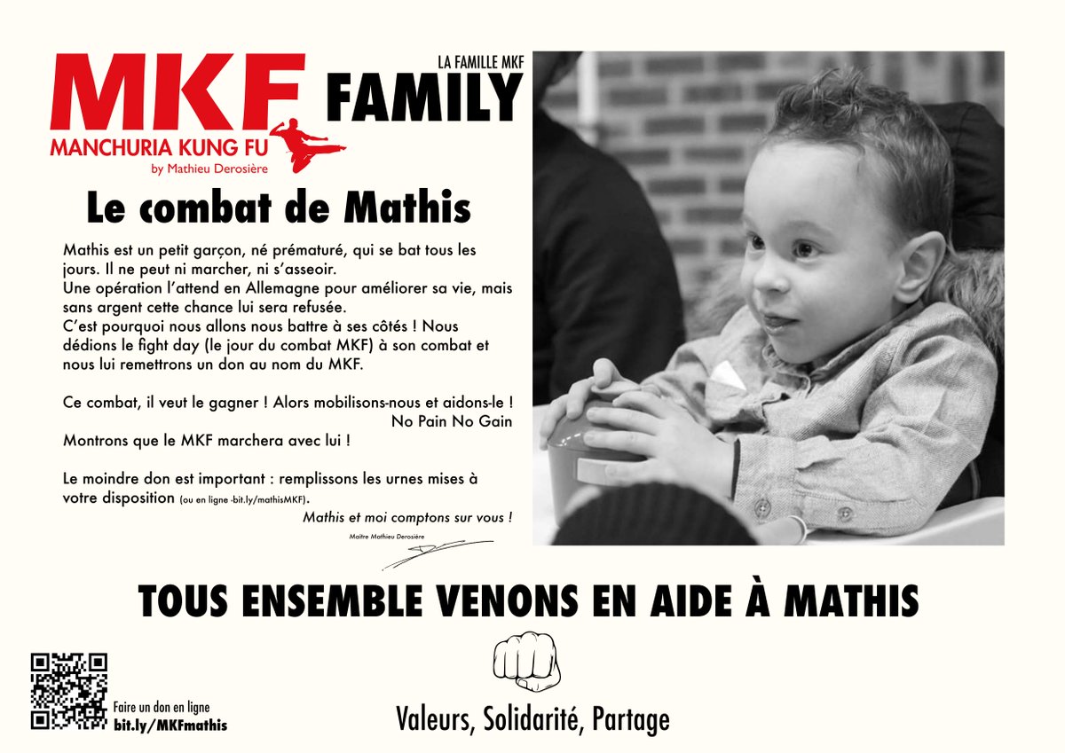 ManchuriaKungFu's tweet photo. Tous #ensemble avec Mathis un petit garçon né #prématuré qui ne peut ni marcher ni s'asseoir et qui attend une opération pour lui changer la vie ! Faîtes un #don :  https://t.co/TSrmlPAgSh #solidarite #partage #aide #combat #MKF #chance https://t.co/rytHSuDG03
