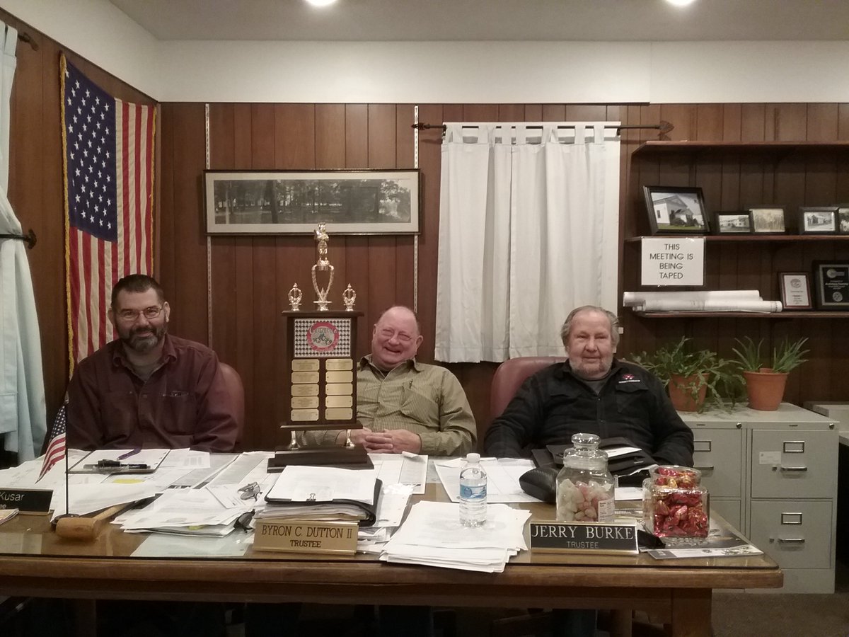 Stinger discussing the road closure of Route 45 this summer (due to construction) with the Austinburg Township Trustees.