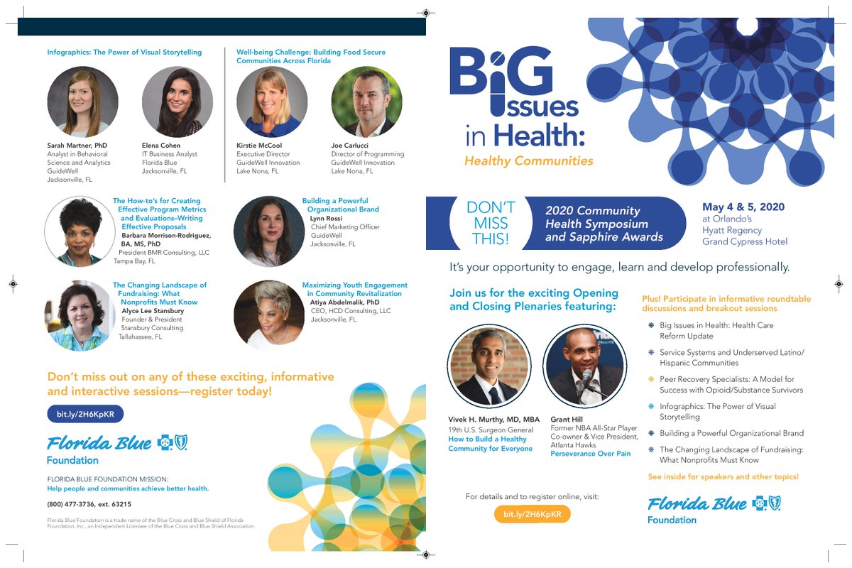 FlaAction's tweet image. The Florida Blue Foundation 2020 Community Health Symposium and Sapphire Awards - Big Issues in Health: Healthy Communities will be held on May 4 &amp;amp; 5, 2020 at the Hyatt Regency Grand Cypress Hotel, Orlando.

To learn more and register: ow.ly/NL5p50ypQwZ