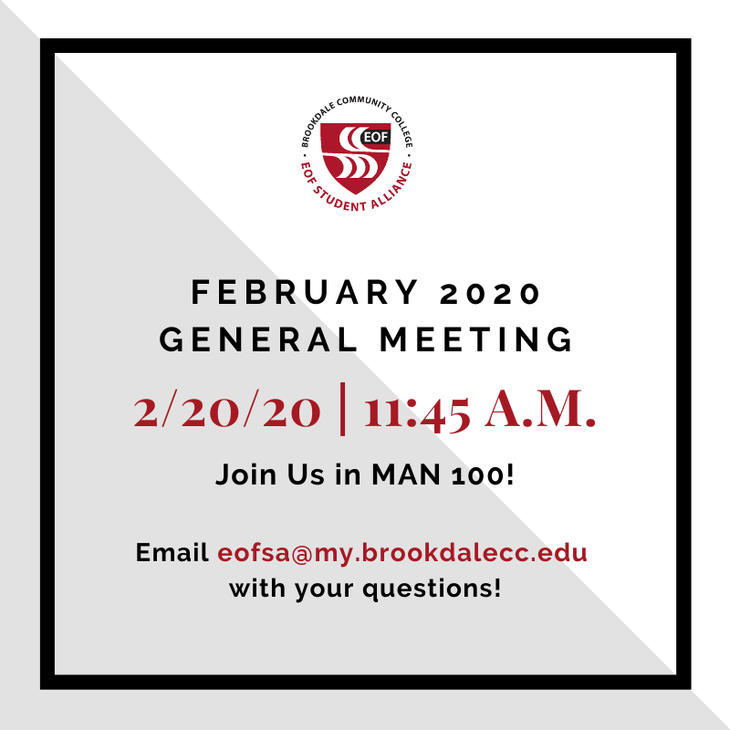 BrookdaleCC_EOF's tweet photo. Join #EOFSA for their first club meeting of #Spring2020 today (2/20) in MAN 100 during #CollegeHour!  All @BrookdaleCCNews students are invited! 😊 Come out for some fun &amp; #KindnessRocks!  #IAmEOFNJ #SuccessStartsAtBrookdale #GetInvolved https://t.co/1n7iAHuDrp
