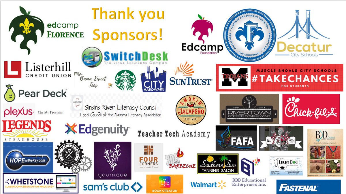 JackieAFlowers's tweet photo. Thank you to our sponsors! Our 5th annual event will be February 22, 2020 at Florence Freshman Center in Florence, AL. We hope you will join us https://t.co/cEwOEZBWXo
#EdcampUSA #EdCamp #SpreadEdCamp #EdCampFlorence https://t.co/TOhN6ru0iS