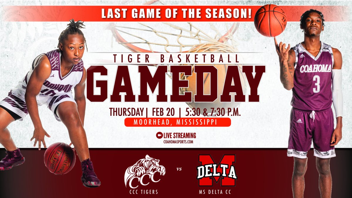 CoahomaCC's tweet photo. The Coahoma Tigersβ top wish is to have the support of fans at their last battle of the season against MDCC on Thursday, Feb. 20, at 5:30 p.m. and 7:30 p.m. in Moorhead, Miss. View the live stream at https://t.co/iFObgOs3Yh.
#CCCHoops #CoahomaStrong https://t.co/GRywBvQwCQ