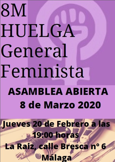 FELMAMlg's tweet photo. Nosotras en #FELMA abogamos por la #huelgageneral el #8Marzo y tú? Ven a debatir con nosotras hiy jueves a La raíz, en calle Bresca 6.
DEBATAMOS es importante #8M #huelgageneralfeminista https://t.co/lca3UQgtBF