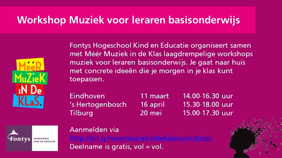 Kind en Educatie (@fontyskindeduca) on Twitter photo Ook @meermuziekklas?
Komende maanden vinden op onze <a href="/FontysKindEduca/">Kind en Educatie</a> locaties #Eindhoven, #DenBosch en #Tilburg weer de gratis workshops Muziek plaats voor leraren basisonderwijs. Schrijf je in via bit.ly/meermuziekinde… Ook @meermuziekklas?
Komende maanden vinden op onze <a href="/FontysKindEduca/">Kind en Educatie</a> locaties #Eindhoven, #DenBosch en #Tilburg weer de gratis workshops Muziek plaats voor leraren basisonderwijs. Schrijf je in via bit.ly/meermuziekinde…