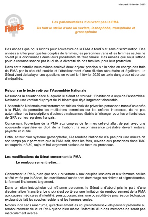 assoFierEs's tweet photo. Avant de repartir en deuxième lecture à l'Assemblée nationale, proposition de décryptage du projet de loi bioéthique sur la PMA tel que voté par le Sénat.
Le projet du Sénat suinte le mépris, avec de violents relents de lesphobie, de transphobie, de classisme, de grossophobie. https://t.co/CcOq9LUXjc