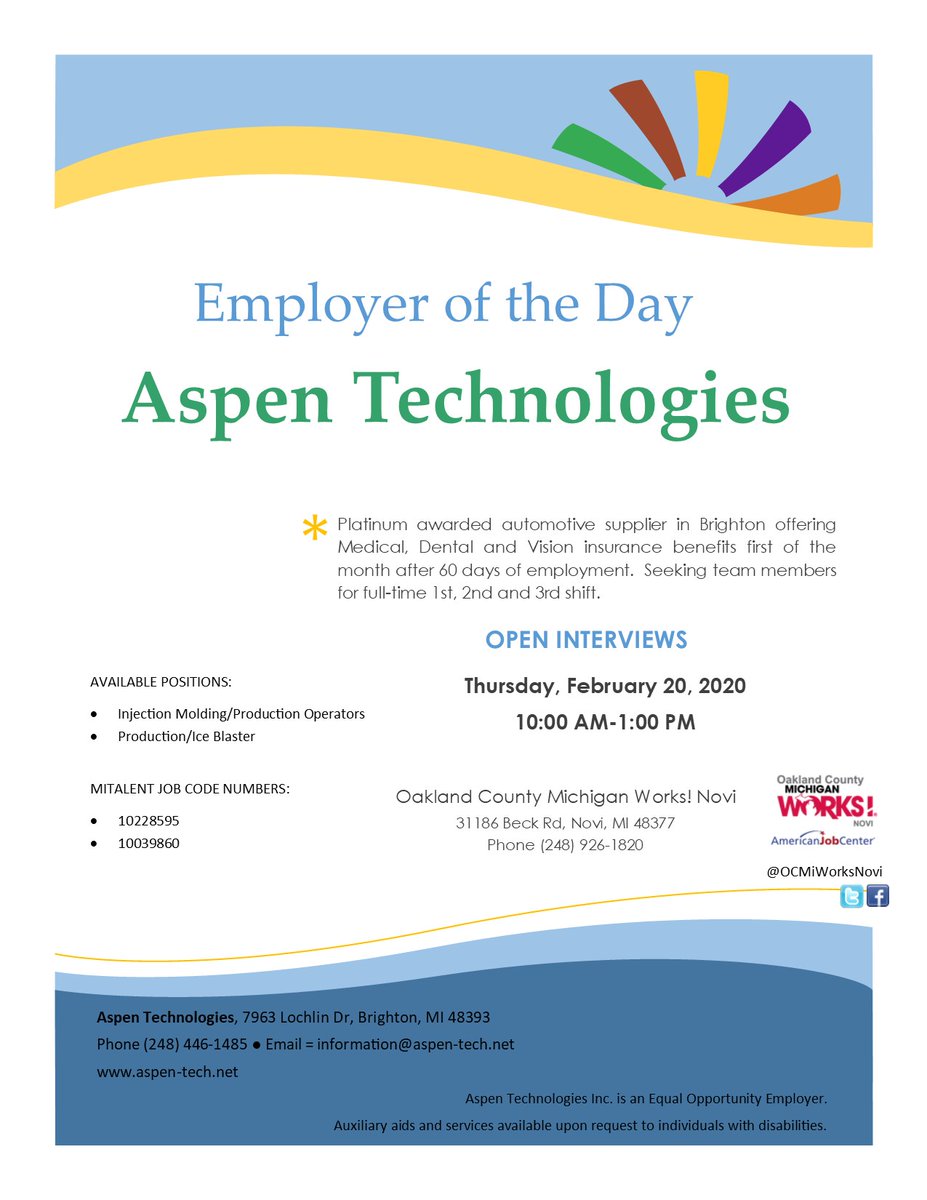 OCMiWorksNovi's tweet image. #ThursdayVibes Come meet our Employer of the Day, Aspen Technologies. Multiple positions available, various shifts, great benefits. Don't miss it! #workflo #howstellagothergrooveback #shegottowork #mijobs #oaklandcounty #hustleharder