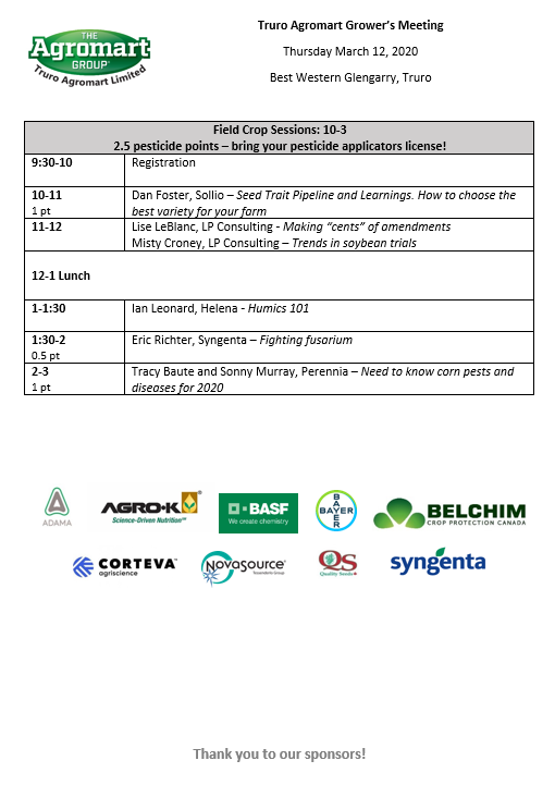 Details of our TRURO Grower Sessions on Thursday March 12th at Best Western Glengarry:

🔵 Blueberry 8:30-12:15 (2 CEC Credits)
🌽 Field Crops 9:30-3:00 (2.5 CEC Credits)

Lunch will be provided at noon - please RSVP!
