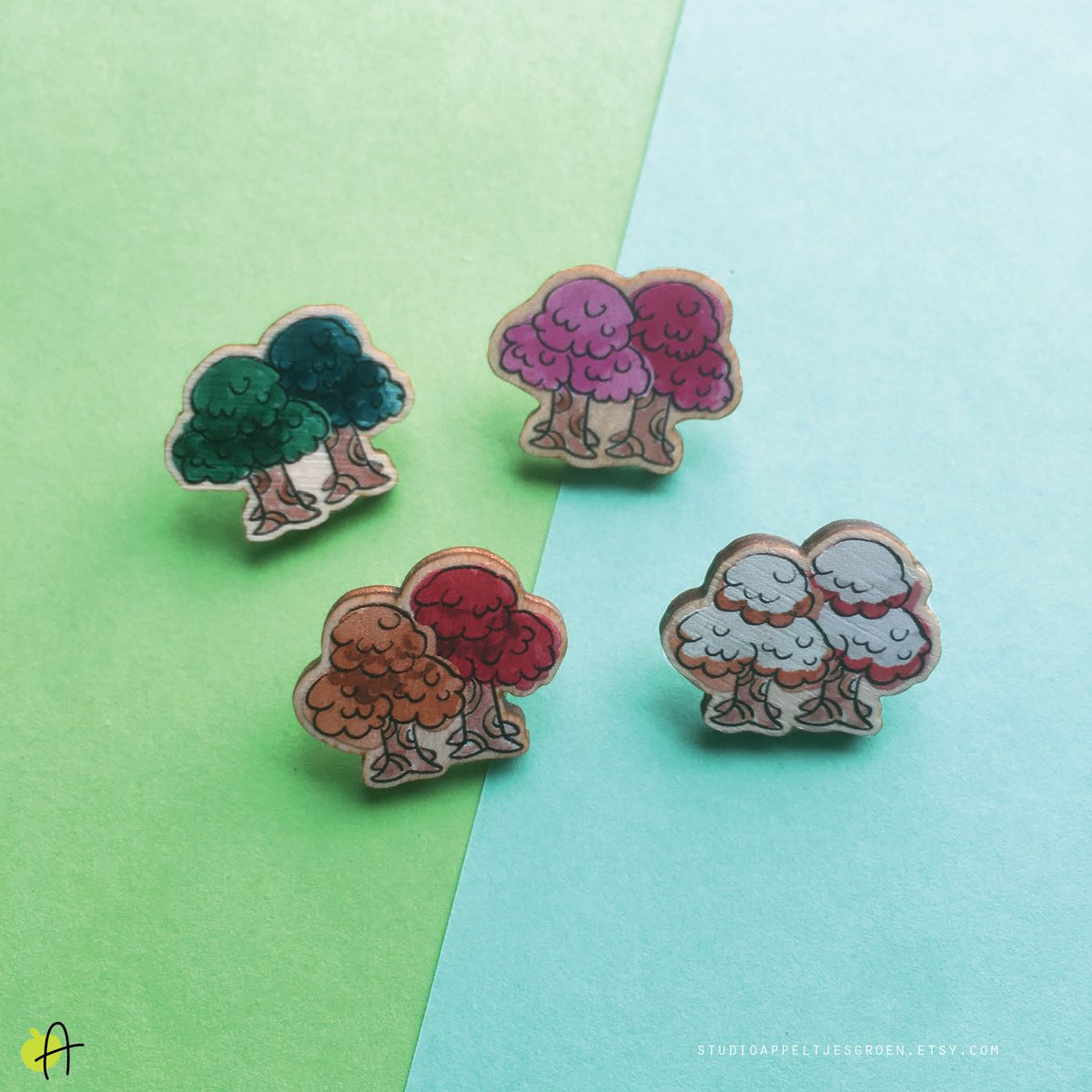 appeltjesgreen's tweet photo. New product! The Little Trees are now available in all four seasons. They are 25mm small wood pins with a rubber backing. https://t.co/sOU4uFwRqn #woodpin #shopupdate https://t.co/SQAODwlXTy