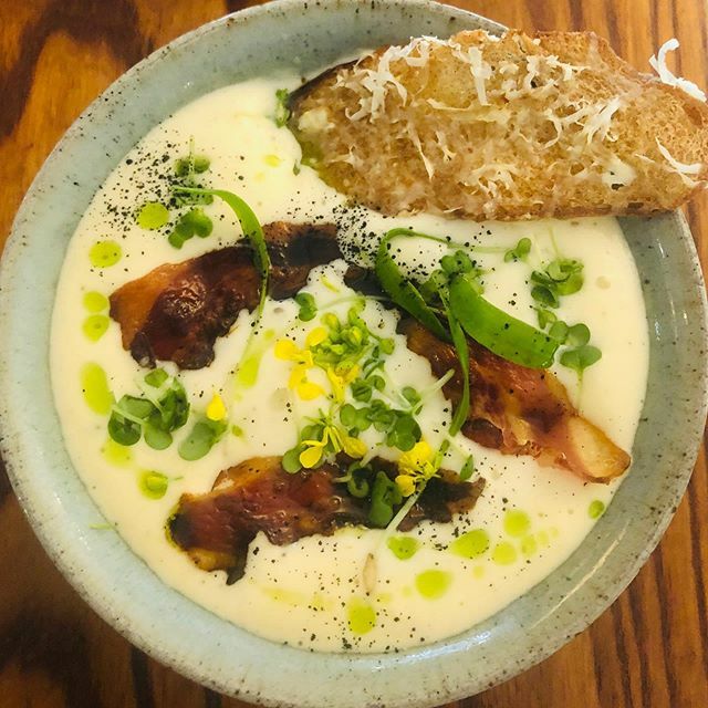 We call this the BOSS -  Bowl Of Special Soup.  #wildgarlic #curedporkcheek #bellowwildfood #juarançon #letthechefsurpriseyou #theboss