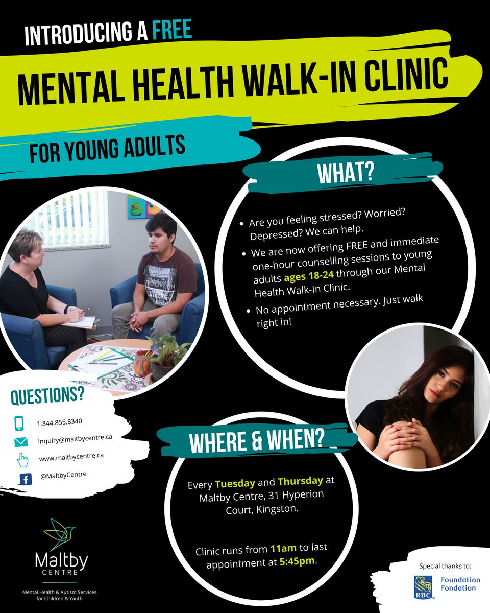 Free mental health walk-in services are available through the Maltby Centre for young adults, ages 18-24.