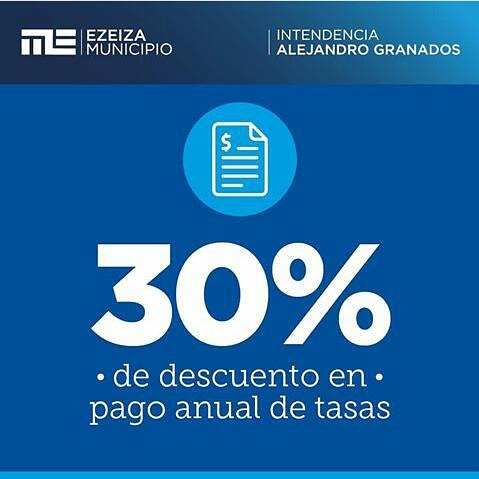 Última semana para acceder al 30% de descuento en el pago anual por la Tasa por la Propiedad Urbana. Ingresa a nuestro sitio web ezeiza.gob.ar - Tasas Online descarga y/o abona a través de nuestro botón de pago online!