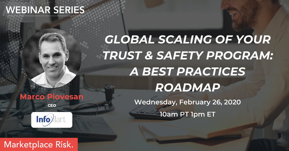 InfoMartUSA's tweet photo. Reserve your spot for Marco Piovesan's upcoming webinar titled, "Global Scaling of Your Trust &amp; Safety Program: A Best Practices Roadmap," on Feb 26 at 10am PT/ 1pm ET. Register here: https://t.co/gbiqjvEdZO https://t.co/EoCRiQWxuI