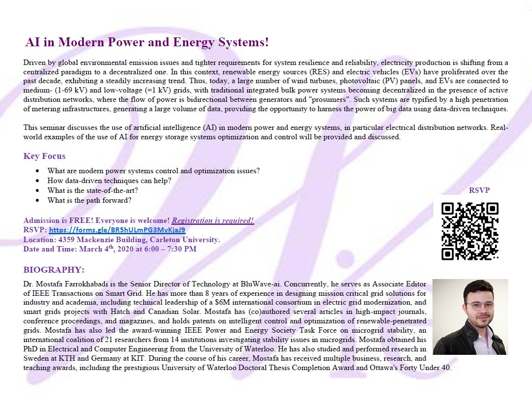 ieeeOttawaSec's tweet photo. AI in Modern Power and Energy Systems by Dr Mostafa Farrokhabadi, Senior Director of Technology at BluWave-ai
This seminar discusses the use of artificial intelligence in modern power and energy systems
Admission is FREE https://t.co/NNwPytmJ5t

#IEEEWIEOttawa #IEEEWIE #IEEE #WIE https://t.co/gf0CpmJ1Sd