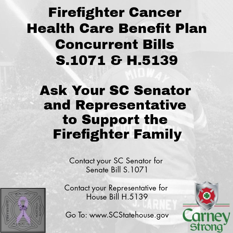 StrongCarney's tweet photo. Today is a great day to reach out South Carolina! We currently have 7 of 46 Senators, and 14 of 124 Representatives, but we need more! S.1071 and H.5139,  the Firefighter Cancer Health Care Benefit Plan.
To Contact Your SC Senator and Representative, go to https://t.co/fPLdj6fi51 https://t.co/bwjRHkra1Q